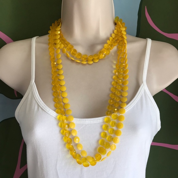 Vintage Yellow Faceted Disc Beads Three Strand Long Necklace - Picture 2 of 8